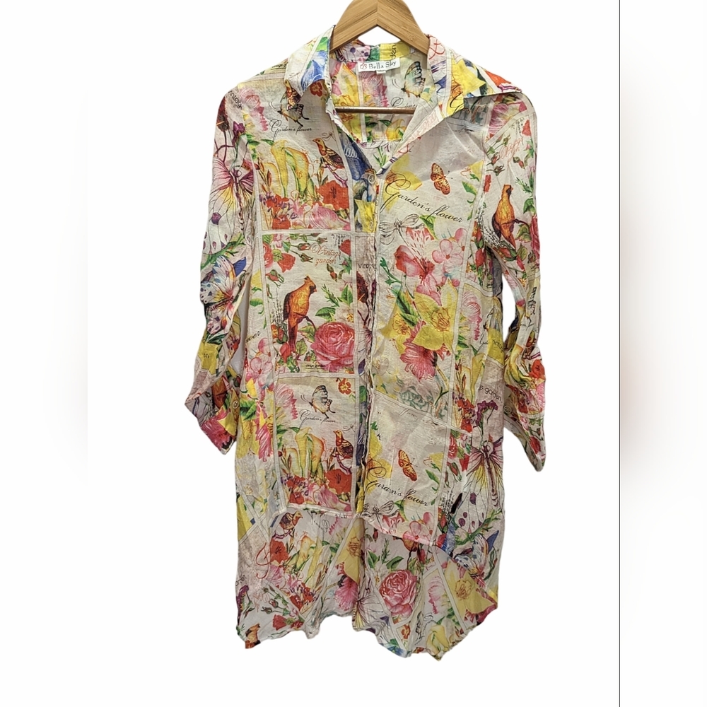 Bella Sky High Low Button Down Tunic, Spring Colorful Floral Size Small